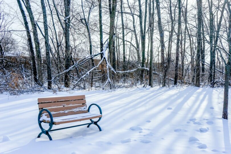snow-wooden-bench